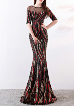 High end sequin stripe color matching slim fitting dinner party annual dress long woman High end sequin stripe color matching slim fitting dinner party annual dress long woman