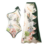 Women's Swimwear Elegant Print Patchwork Contrast Beach Sunscreen Skirt One Shoulder Two Piece Swimwear