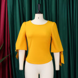 Women's Spring Fashion Chic Slim Fit Solid Lace-Up Bubble Sleeve Shirt