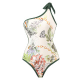 Women's Swimwear Elegant Print Patchwork Contrast Beach Sunscreen Skirt One Shoulder Two Piece Swimwear