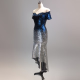 Short Sleeve Off Shoulder Dress See-Through L Gradient Beaded Dress Wedding Formal Party Party Dress