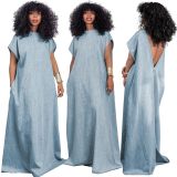 Vintage Loose Deep V Low Back Long Denim Dress
