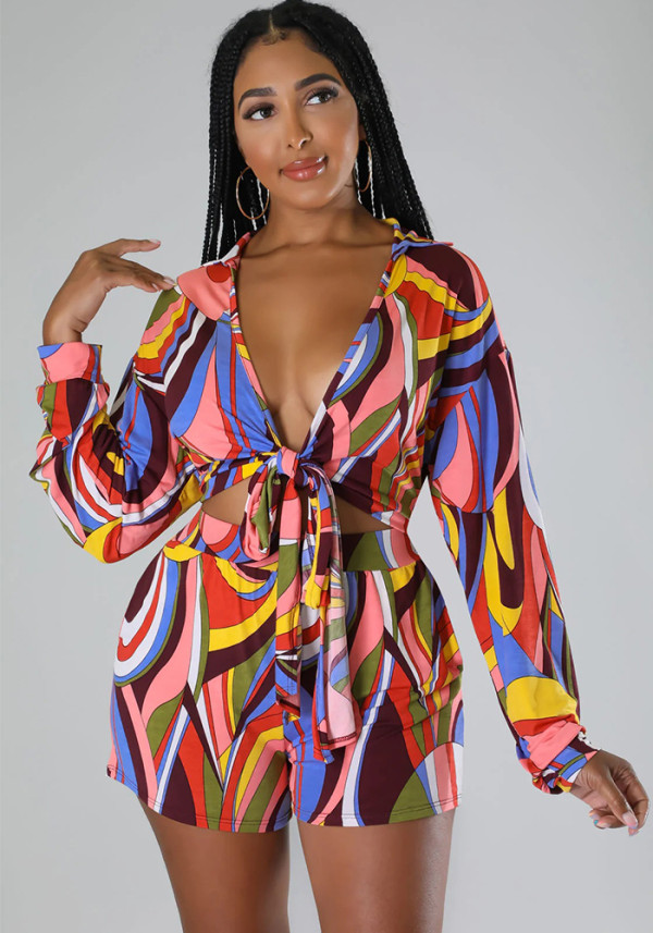 Women Printed Lace-Up Long Sleeve Shirt and Shorts Holidays Two-Piece Set