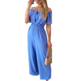 Women Off Shoulder V Neck Loose Straight Jumpsuit