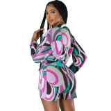 Women Printed Lace-Up Long Sleeve Shirt and Shorts Holidays Two-Piece Set