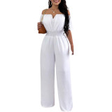 Women Off Shoulder V Neck Loose Straight Jumpsuit