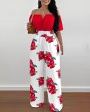 Women Off Shoulder V Neck Loose Straight Jumpsuit