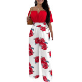 Women Off Shoulder V Neck Loose Straight Jumpsuit