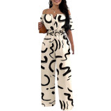 Women Off Shoulder V Neck Loose Straight Jumpsuit
