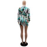 Women Printed Lace-Up Long Sleeve Shirt and Shorts Holidays Two-Piece Set