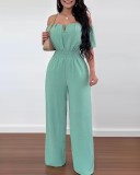 Women Off Shoulder V Neck Loose Straight Jumpsuit