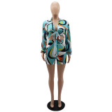Women Printed Lace-Up Long Sleeve Shirt and Shorts Holidays Two-Piece Set