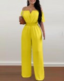 Women Off Shoulder V Neck Loose Straight Jumpsuit