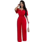 Women Off Shoulder V Neck Loose Straight Jumpsuit