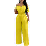 Women Off Shoulder V Neck Loose Straight Jumpsuit