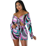 Women Printed Lace-Up Long Sleeve Shirt and Shorts Holidays Two-Piece Set