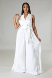 Women Spring V-neck Sleeveless Backless Pleated Wide Leg Jumpsuit