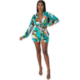 Women Printed Lace-Up Long Sleeve Shirt and Shorts Holidays Two-Piece Set