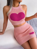 Women Casual Heart Print Contrasting Crop Top and Bodycon Skirt Two-Piece Set
