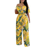 Women Off Shoulder V Neck Loose Straight Jumpsuit