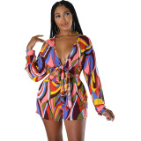 Women Printed Lace-Up Long Sleeve Shirt and Shorts Holidays Two-Piece Set