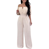 Women Off Shoulder V Neck Loose Straight Jumpsuit