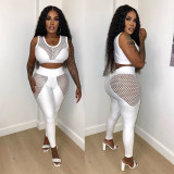 Hollow Mesh Hole See-Through Sexy Suit Mesh Patchwork Vest Trousers Two-piece Set