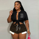 Striped Drawstring High Waist Shorts Sexy Fashion Casual Patchwork Plus Size Pants