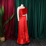 Women's Slash Shoulder Low Back Ruffled Sexy Top Pleated Wide Leg Pant Two-Piece Set