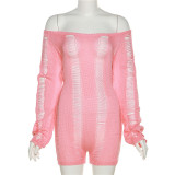 Women Sexy Off Shoulder Cutout Ripped Backless Knitting Bodycon Romper