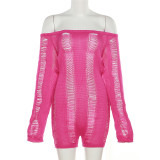 Women Sexy Off Shoulder Cutout Ripped Backless Knitting Bodycon Romper