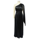 Fashion Women's One Shoulder Pleated Slash Shoulder Slim Waist Dress