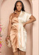 Sexy Women's Belted Pleated Satin Short Sleeve Button Button Contrasting Color Blouse Dress