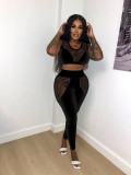 Hollow Mesh Hole See-Through Sexy Suit Mesh Patchwork Vest Trousers Two-piece Set
