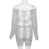 Women Sexy Off Shoulder Cutout Ripped Backless Knitting Bodycon Romper