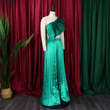 Women's Slash Shoulder Low Back Ruffled Sexy Top Pleated Wide Leg Pant Two-Piece Set