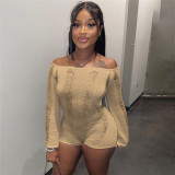 Women Sexy Off Shoulder Cutout Ripped Backless Knitting Bodycon Romper