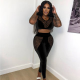 Hollow Mesh Hole See-Through Sexy Suit Mesh Patchwork Vest Trousers Two-piece Set