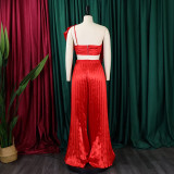 Women's Slash Shoulder Low Back Ruffled Sexy Top Pleated Wide Leg Pant Two-Piece Set