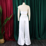 Women's Slash Shoulder Low Back Ruffled Sexy Top Pleated Wide Leg Pant Two-Piece Set
