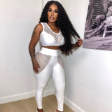 Hollow Mesh Hole See-Through Sexy Suit Mesh Patchwork Vest Trousers Two-piece Set