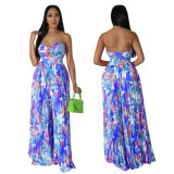 Fashion Ladies Summer Sexy Low Back Print Wide Leg Jumpsuit