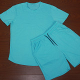 Summer Men'S Solid Color Short-Sleeved T-Shirt Shorts Sports Two Piece Suit
