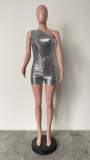 Women'S Metallic Shine Ruched One Shoulder Slim Short Jumpsuit