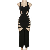 Spring Summer Sexy Sleeveless U-Neck Low Cut Ripped Slit Slim Fit Women Dress