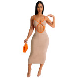 Women'S Solid Color Hollow Knitting Contrasting Color Straps Dress