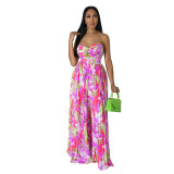 Fashion Ladies Summer Sexy Low Back Print Wide Leg Jumpsuit