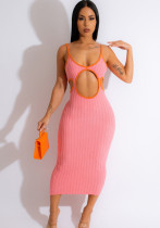 Women'S Solid Color Hollow Knitting Contrasting Color Straps Dress Women'S Solid Color Hollow Knitting Contrasting Color Straps Dress