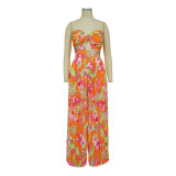 Fashion Ladies Summer Sexy Low Back Print Wide Leg Jumpsuit