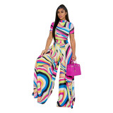 Fashion Printed Short-Sleeved Top Wide-Leg Pants Two Piece Set